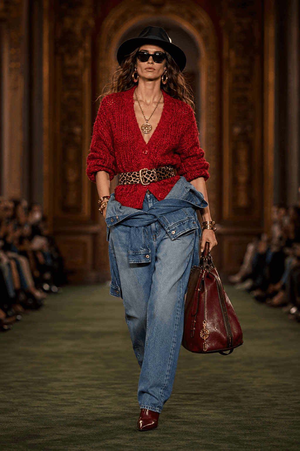 A runway model in a chunky red knit cardigan cinched with a leopard belt, a denim jacket tied at the waist over loose light-wash jeans, a black fedora, gold jewelry, and an oxblood leather bag, walking through a gilded hall