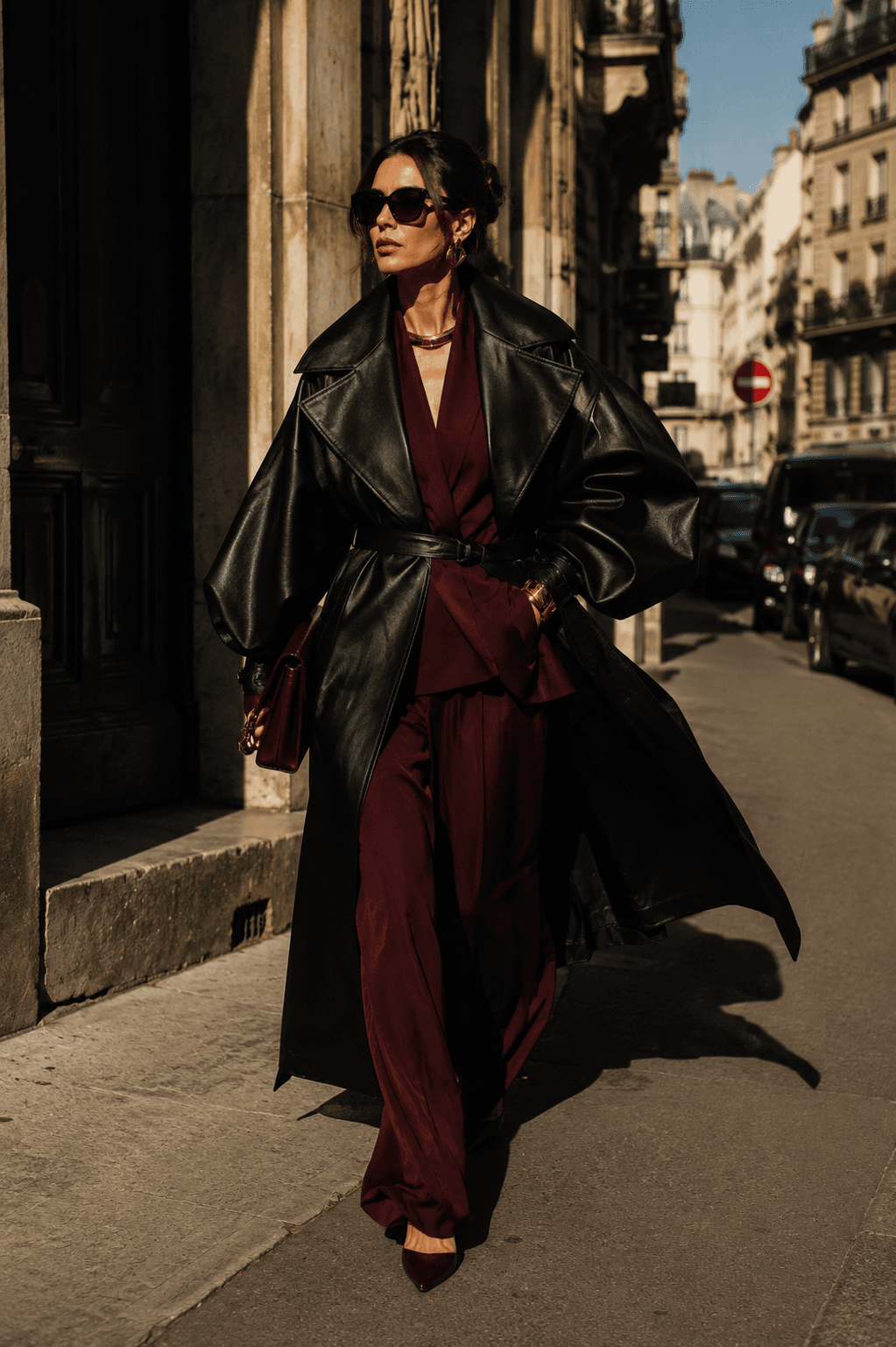 A woman in an oversized black leather trench coat belted over an oxblood satin suit walking a Paris street, embodying the bold new direction in luxury fashion