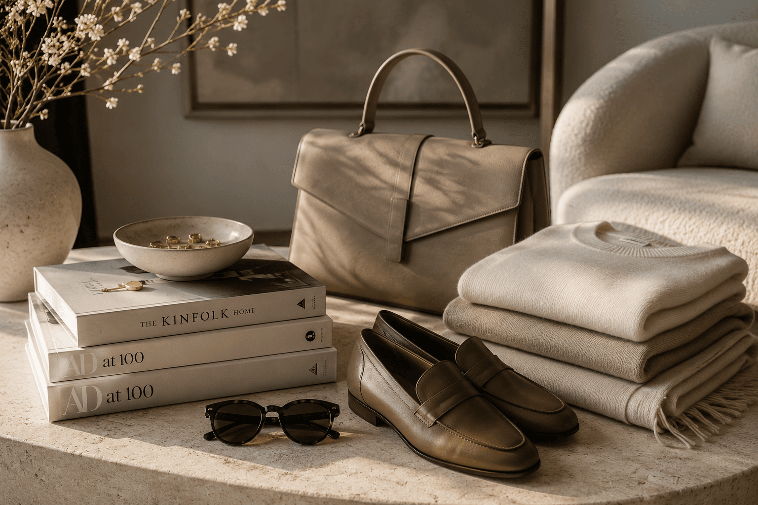 A quiet luxury still life: taupe leather handbag, brown penny loafers, folded cream cashmere, stacked design books, and gold jewelry in a ceramic dish on a travertine table