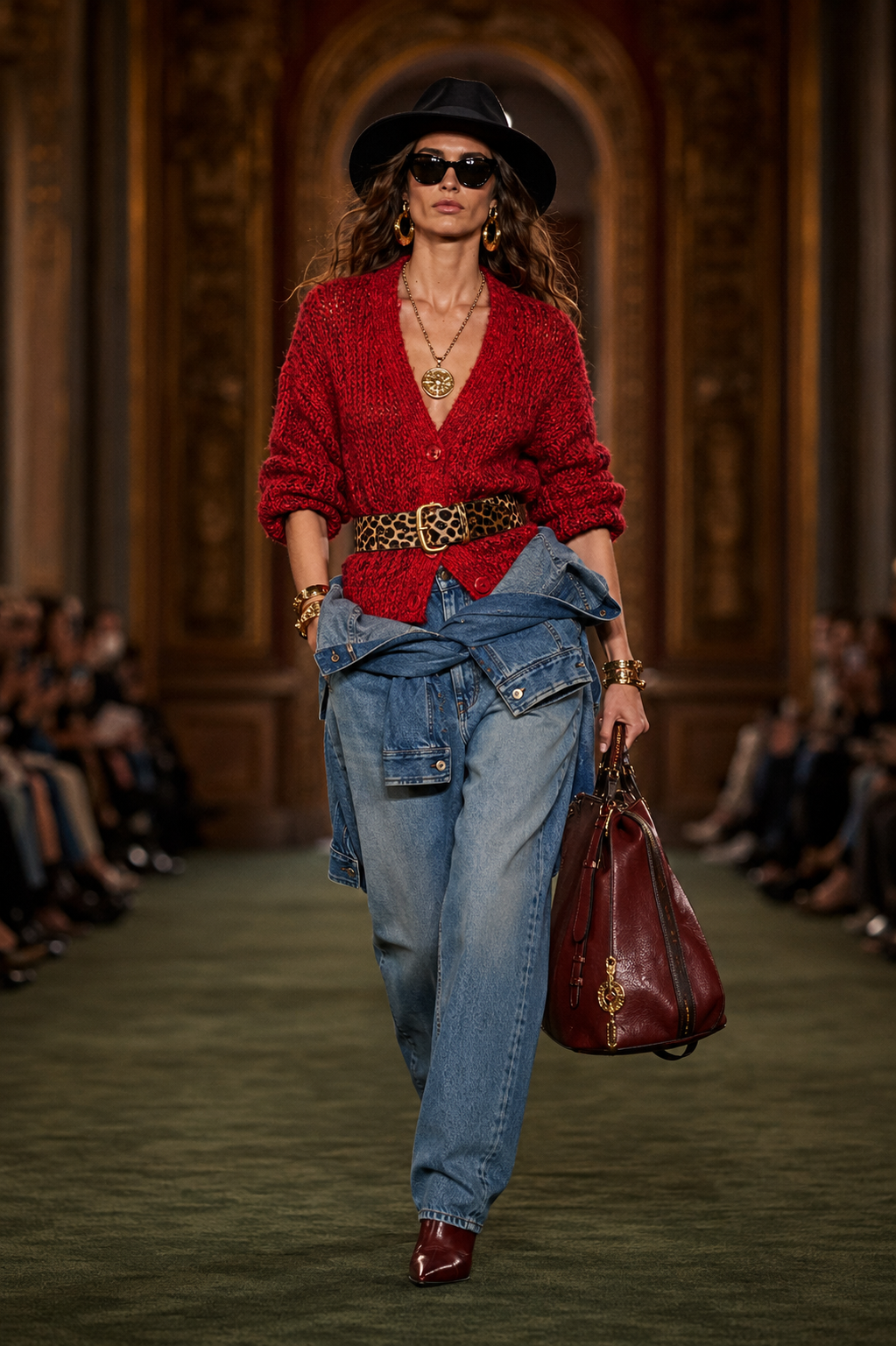 A runway model in a chunky red knit cardigan cinched with a leopard belt, a denim jacket tied at the waist over loose light-wash jeans, a black fedora, gold jewelry, and an oxblood leather bag, walking through a gilded hall