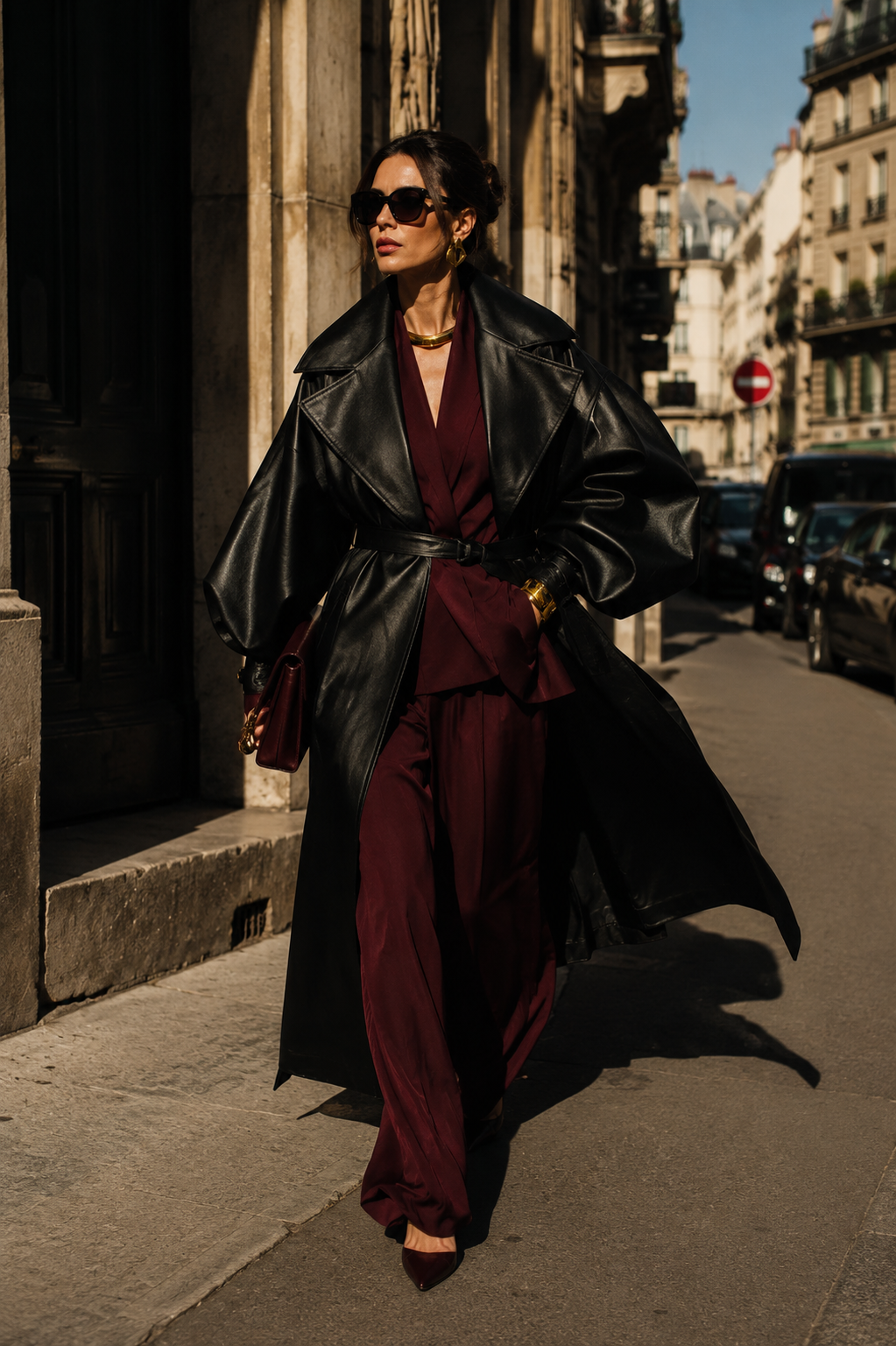 A woman in an oversized black leather trench coat belted over an oxblood satin suit walking a Paris street, embodying the bold new direction in luxury fashion